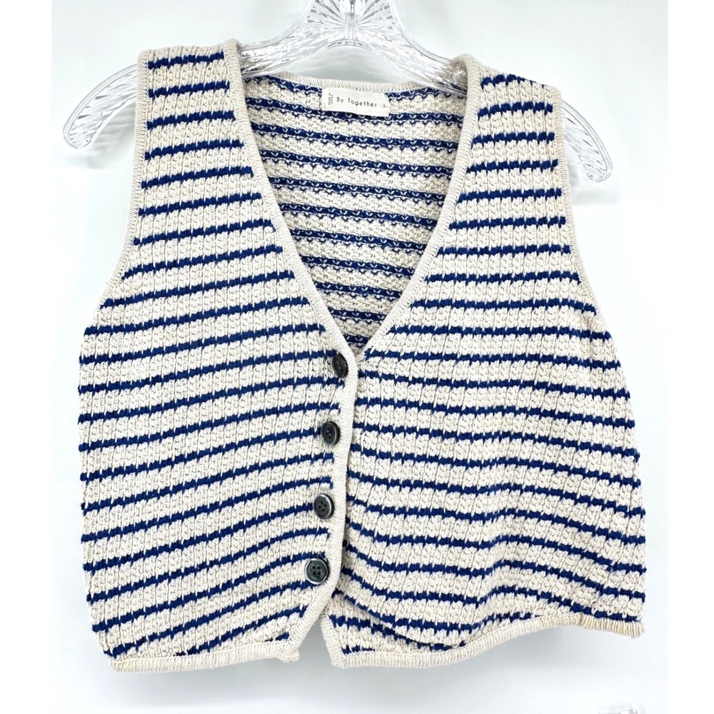 By Together Striped Cotton Knit Sweater Vest Cream Blue V-Neck Button Front S